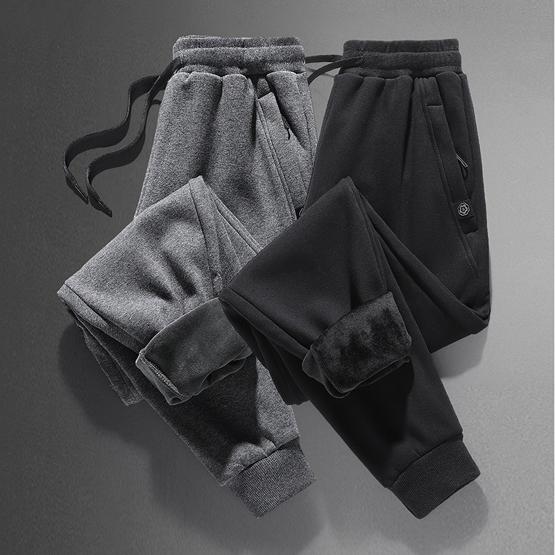 加绒加厚保暖加绒卫裤子男士休闲长裤秋冬季带绒外穿束脚运动棉裤