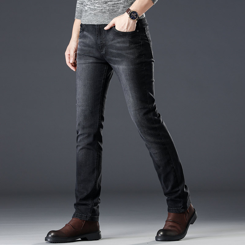 夏季薄款男士黑色修身牛仔裤男直筒水洗男式夏天弹力休闲男土长裤