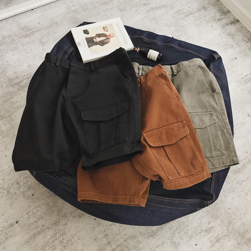 工装纯棉休闲五分短裤松紧腰哈伦复古纯色百搭水洗中裤潮牌男四分