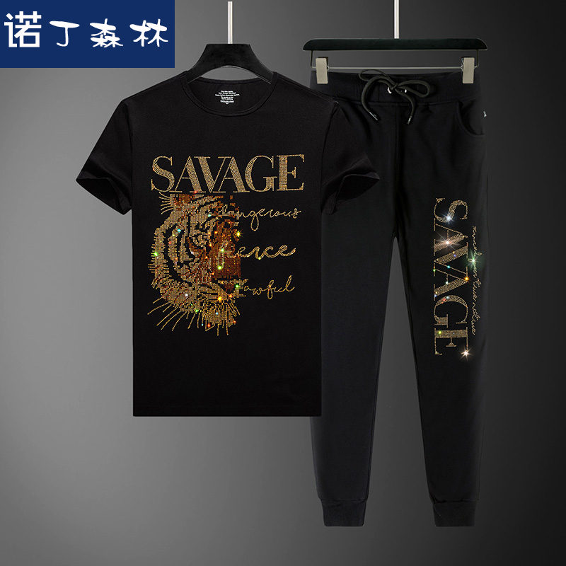 夏季烫钻短袖t恤套装男士老虎头大码两件套社会人小伙小脚裤潮牌