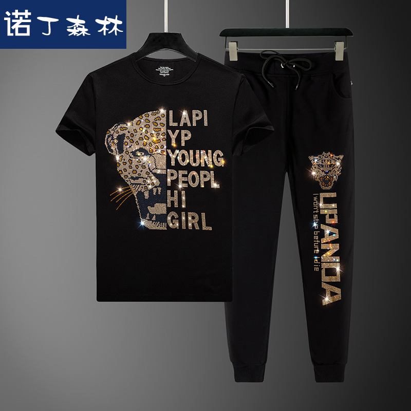 2022男士夏季新款烫钻t恤男短袖套装网红潮牌社会精神小伙两件套