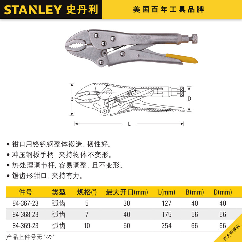 史丹利弧齿大力钳5寸7寸10寸直齿弧齿大力钳平口钳子夹持钳水管钳