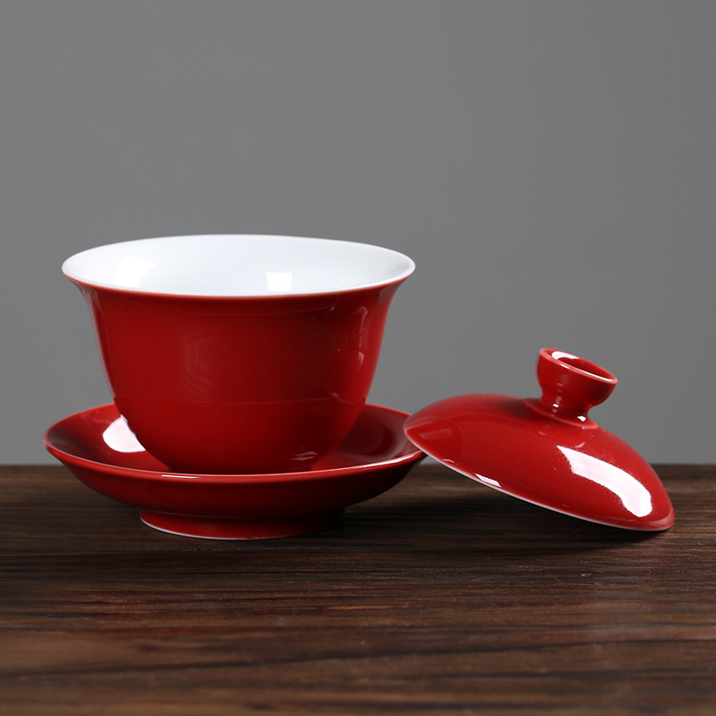 结婚熹言婚庆红色泡茶茶碗霁红家用陶瓷功夫盖碗
