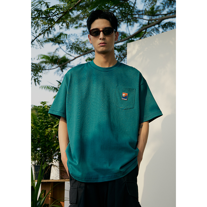 NGOARMY+系列 国潮海浪刺绣口袋短袖T恤男女圆领百搭宽松情侣上衣