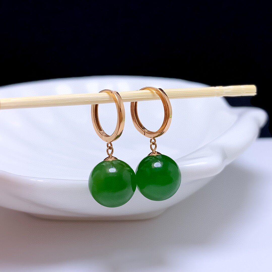 18k翡翠时尚耳钉球球玉石足金耳扣羊脂金天然耳钉