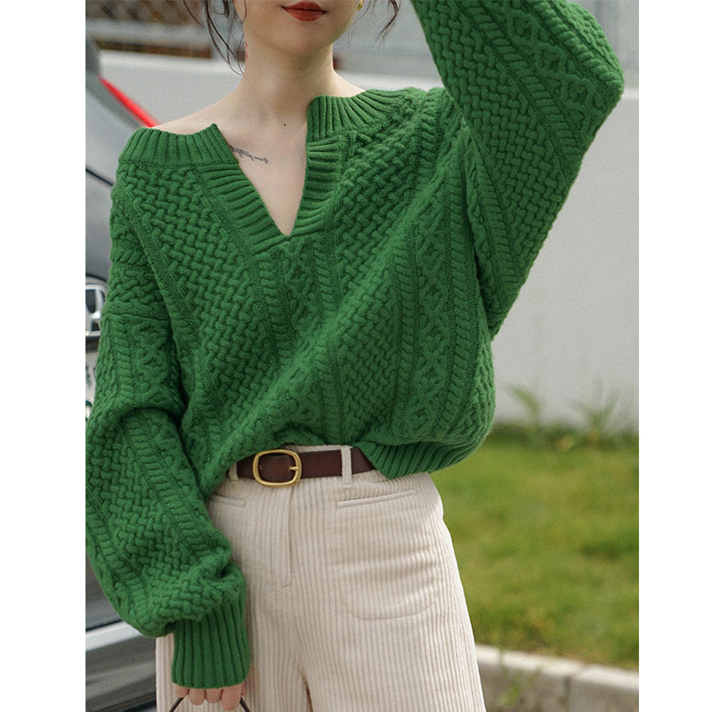 V领古着vintage绿色毛衣女秋冬宽松加厚麻花针织衫上衣设计感小众