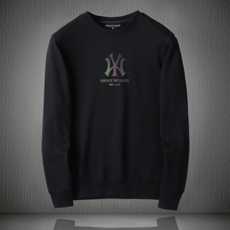 春秋新款七彩NY字母印花黑色纯棉圆领卫衣男士长袖套头青年上衣服