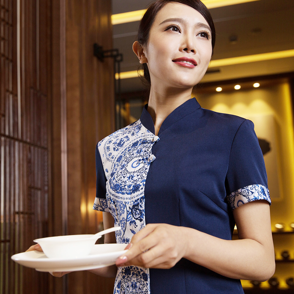 衣研堂服务员工作服短袖女酒店特色餐饮中餐厅茶楼服装夏装青花瓷