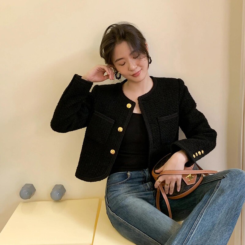 2021秋冬装新款小香风短款黑色短外套女百搭粗花呢气质高级感上衣