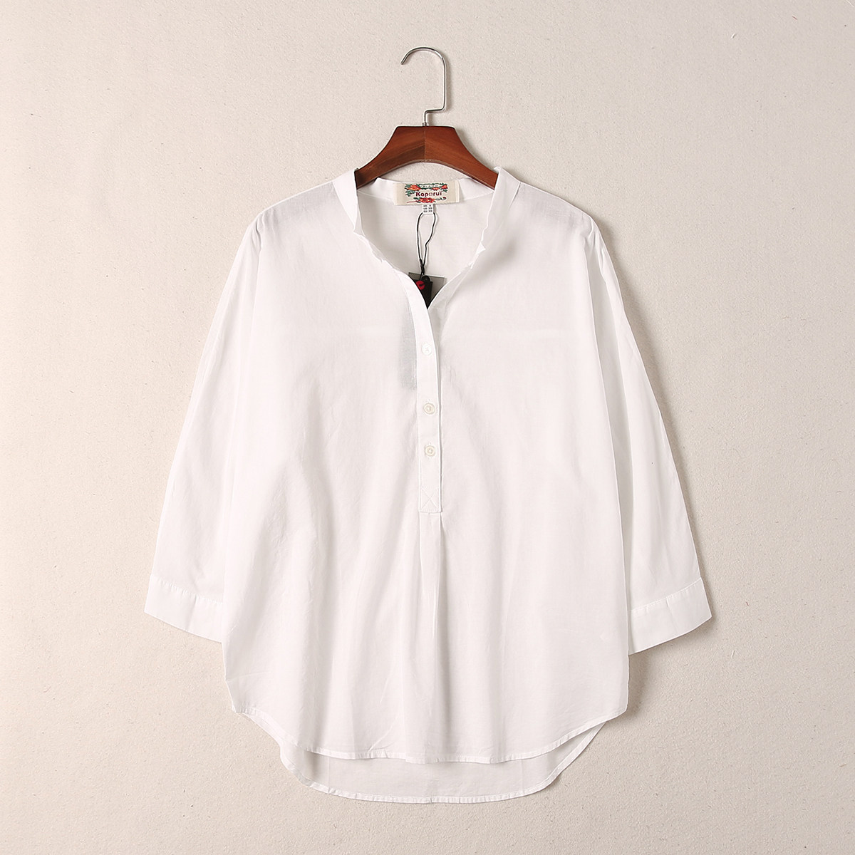 韩国夏季新款宽松简约纯色半开领插九分立领衬衫
