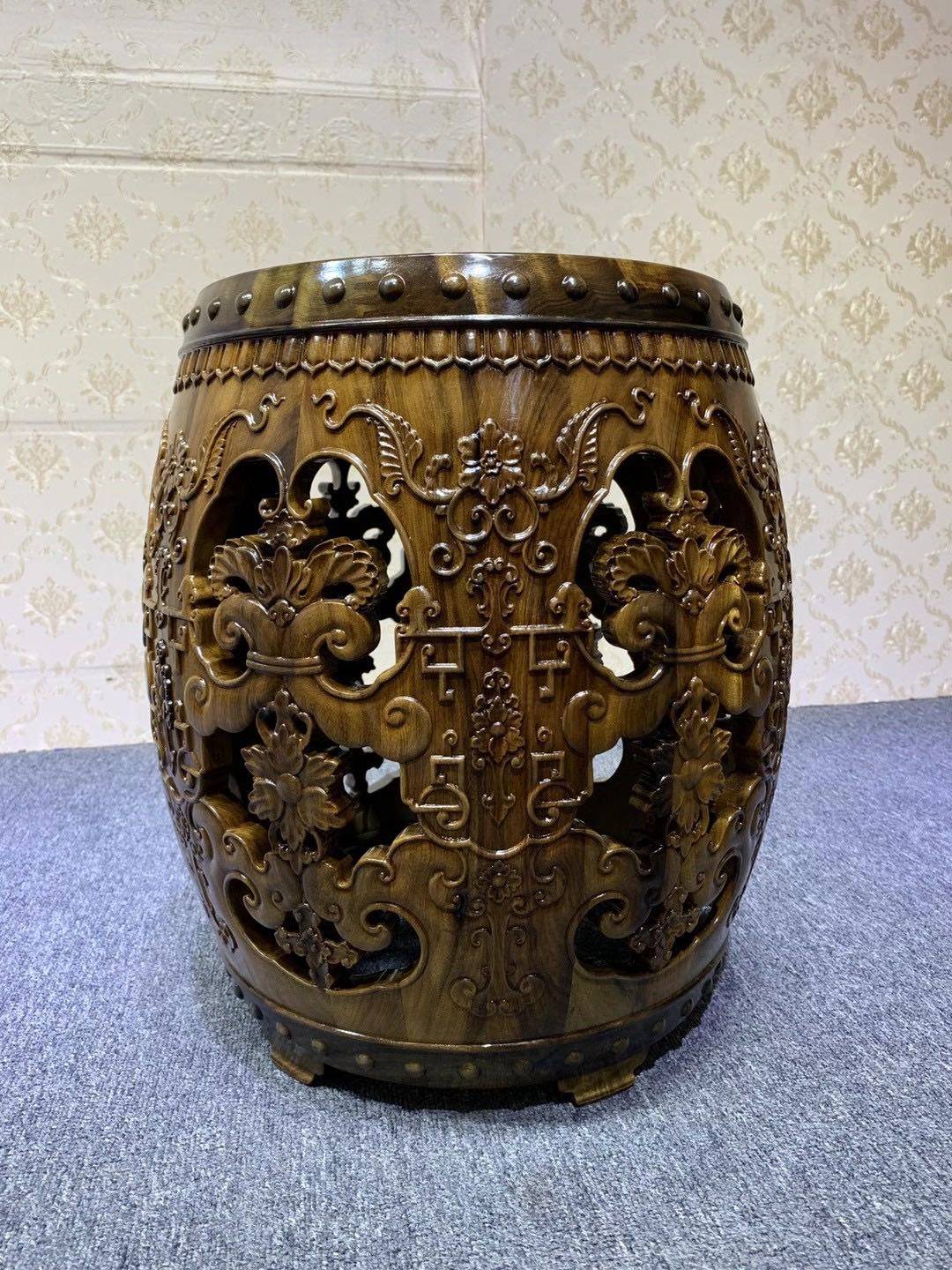 金丝楠木乌木圆鼓镂空雕刻木雕摆件工艺礼品复古摆件