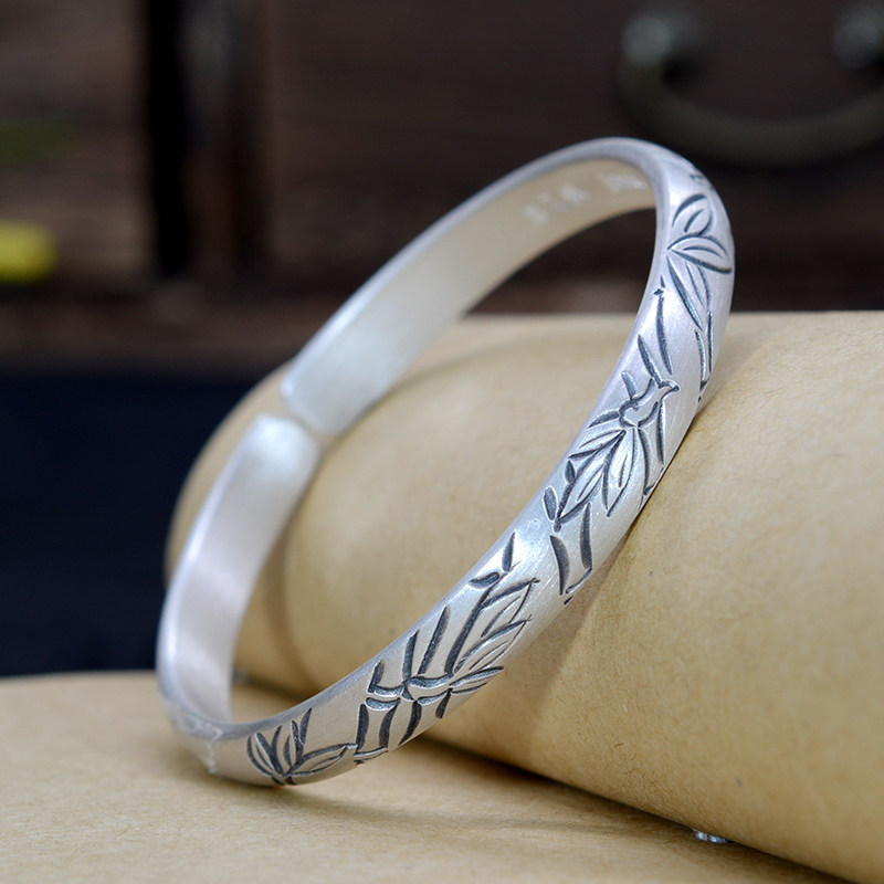 手镯纯银古法竹叶9999云南雪花手工足银实心手镯