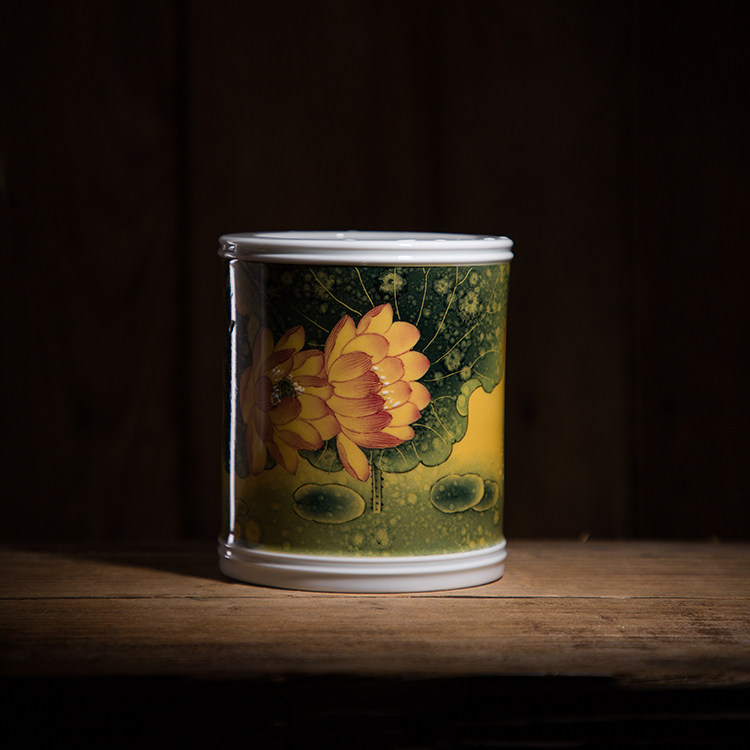 一诺诺轩景德镇陶瓷手工胎纯手绘荷花笔筒王兵作品文房四宝