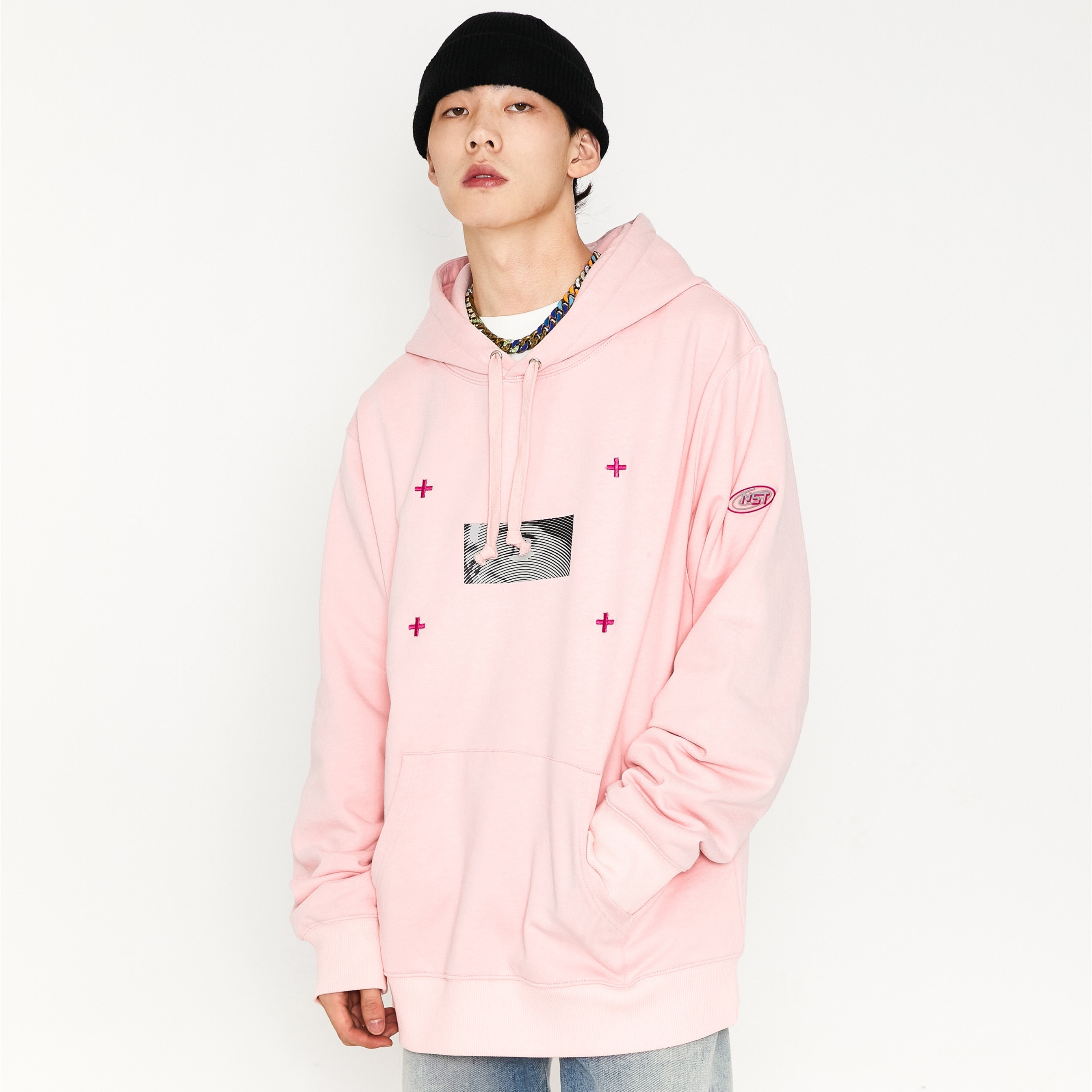NSTNEW START人脸动物园樱花粉潮牌水洗连帽卫衣国潮情侣宽松帽衫