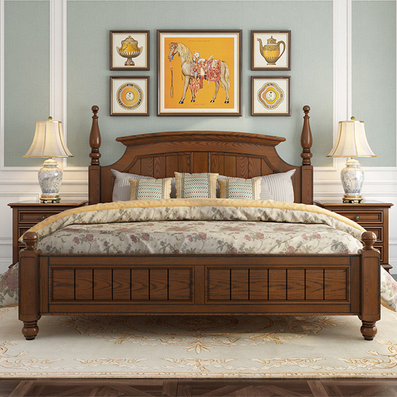 美式复古古高简美乡村双人床卧室1.8米白蜡木床实木床