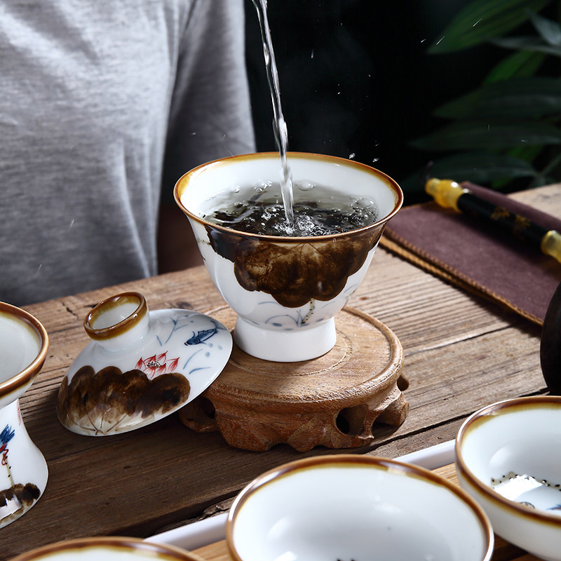 吴氏品雅赤莲窑三才盖碗高端茶杯手绘荷花茶壶功夫茶具