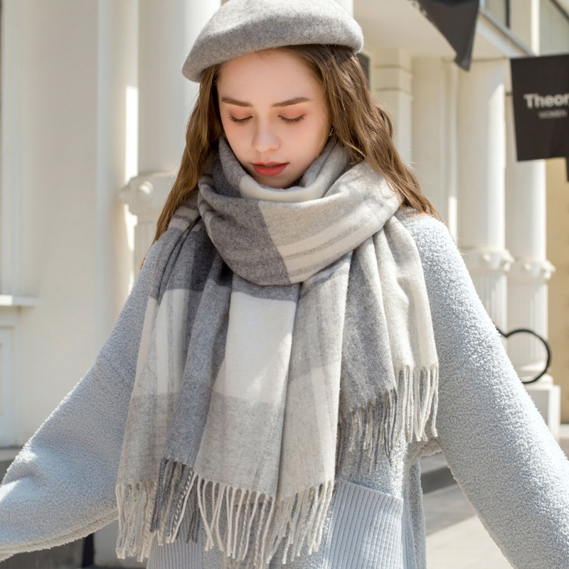 羊毛围巾冬季加厚保暖韩版百搭秋冬粉色格子围巾