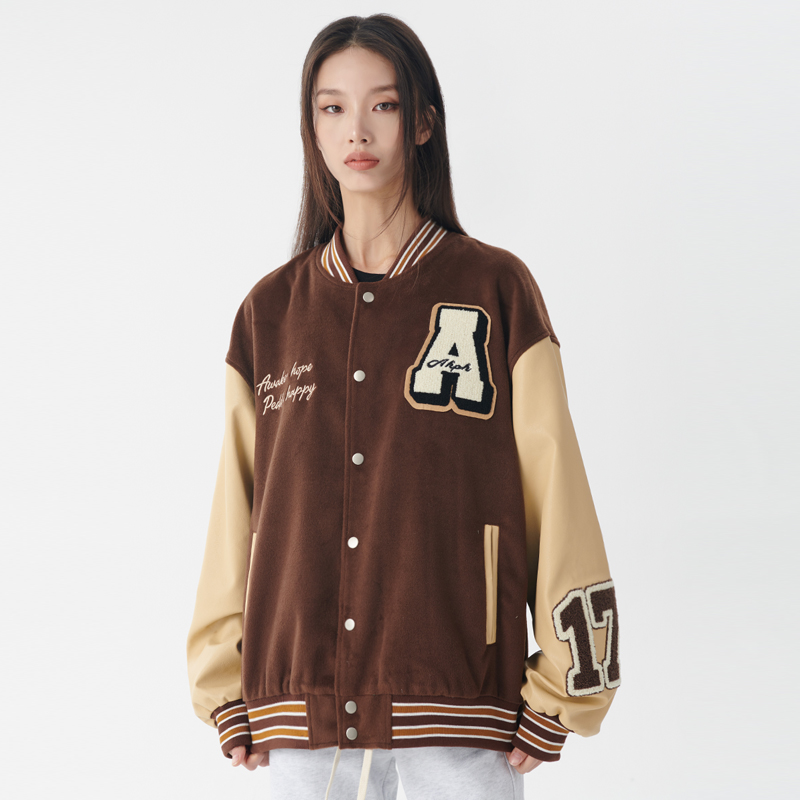 AHPH22SS国潮牌美式复古棒球服PU皮拼接刺绣男女装情侣夹克外套