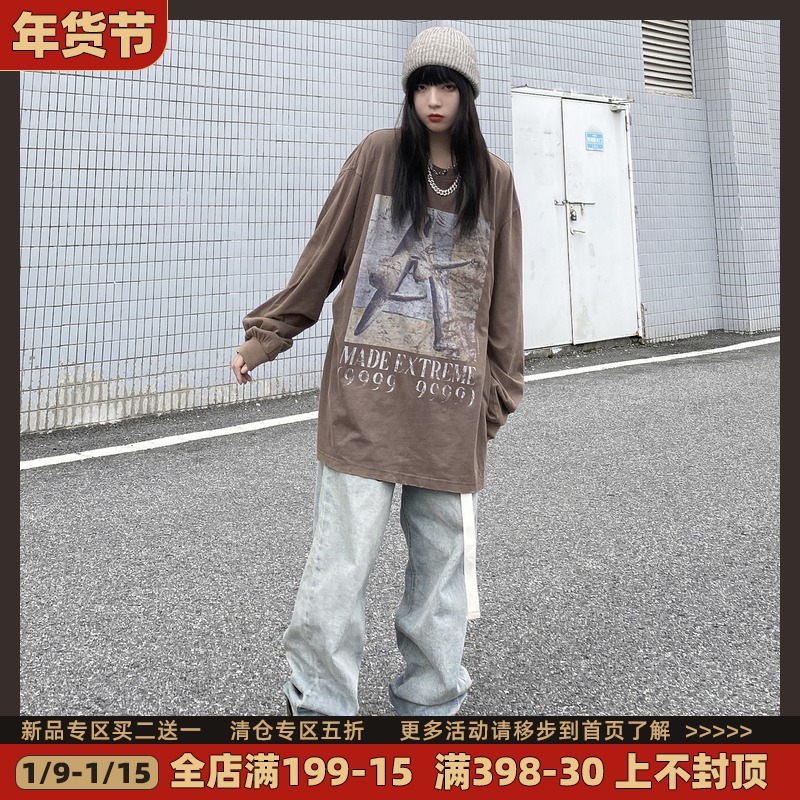 川子街店潮牌复古做旧上衣ins宽松大码2021早秋新款T恤女长袖bf风