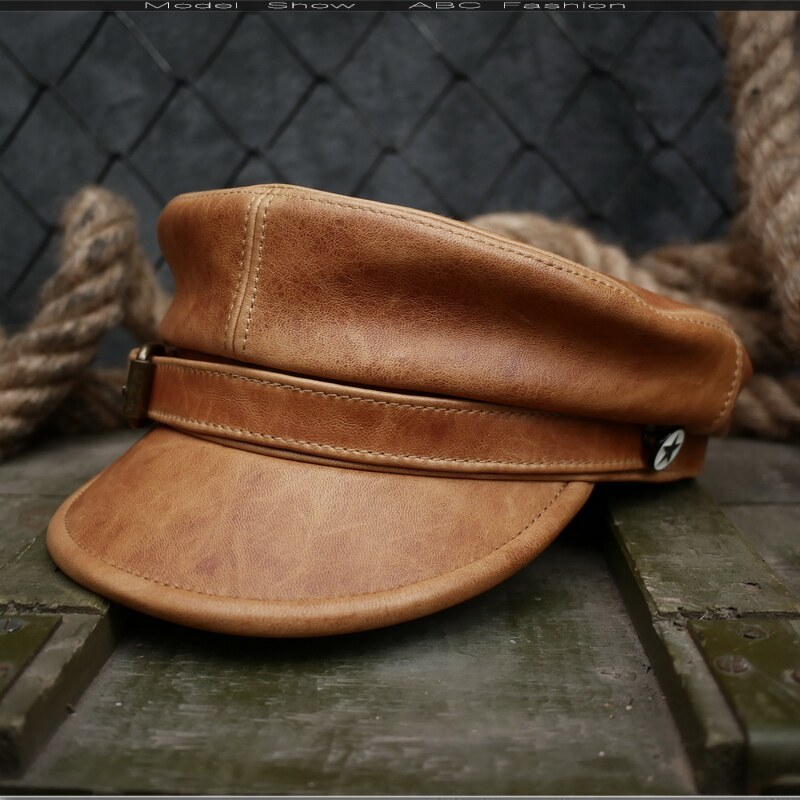 机车羊皮帽子男真皮平顶贝雷帽女朋克海军帽苏联美国船长帽男潮流