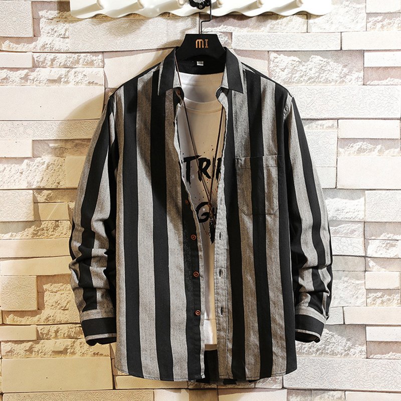 男士条纹衬衫2022秋季新款寸宽松长袖衬衣春秋装外套韩版潮流上衣