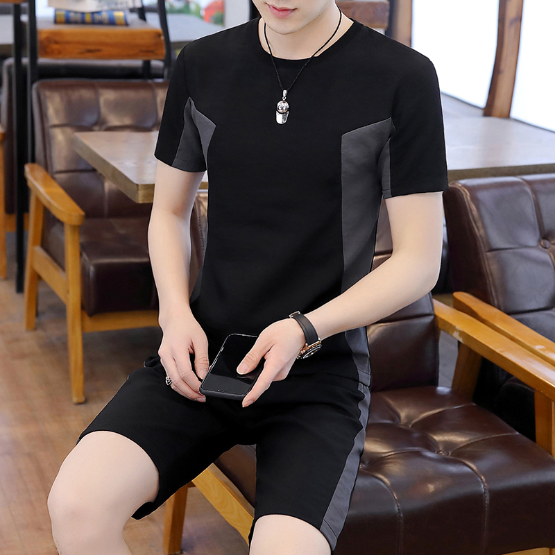 套装男潮流韩版帅气一套衣服男装搭配圆领t恤夏季短袖短裤两件套