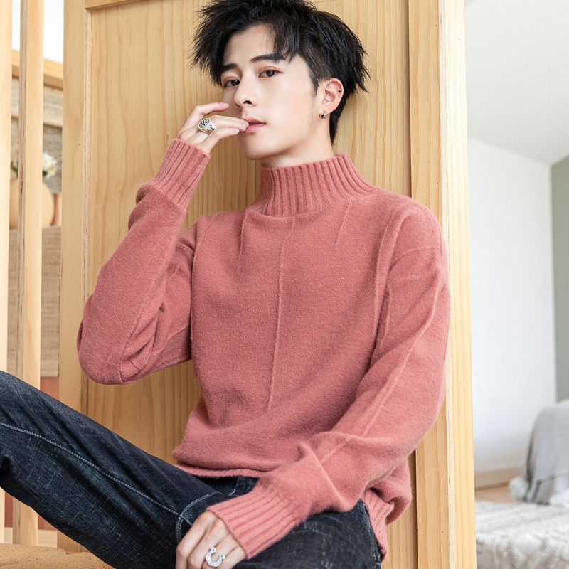 纯色半高领毛衣男秋冬季2021韩版潮流针织衫加厚款春秋保暖打底衫
