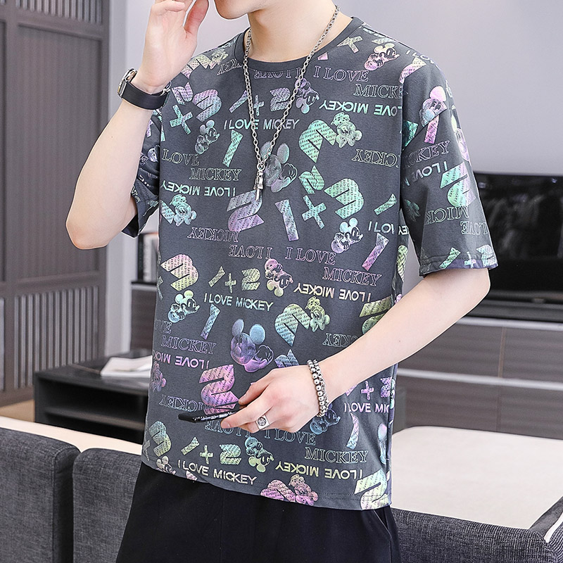 t恤男短袖韩版潮流冰感宽松上衣服2022夏季新款烫金帅气冰丝体恤