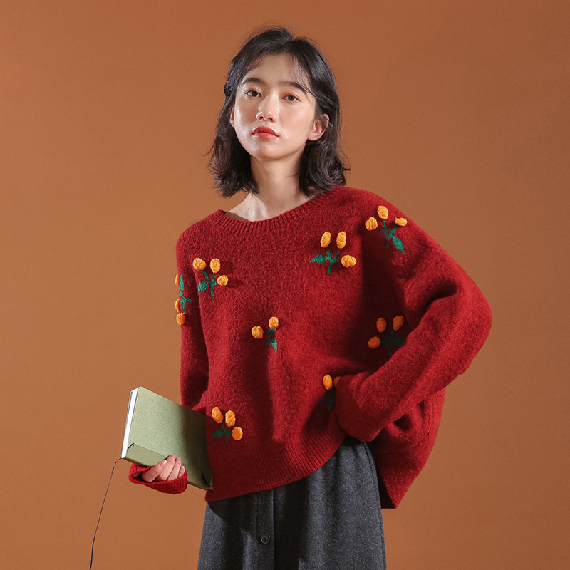 蜜妃儿樱桃过年红色毛衣女宽松外穿2019新款秋冬圣诞加厚短款上衣