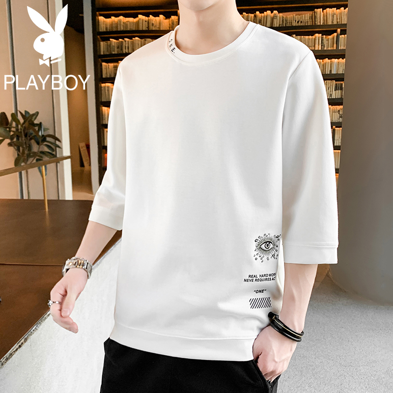 花花公子中袖T恤男士短袖2022新款五分T潮牌宽松七分袖衣服男装潮