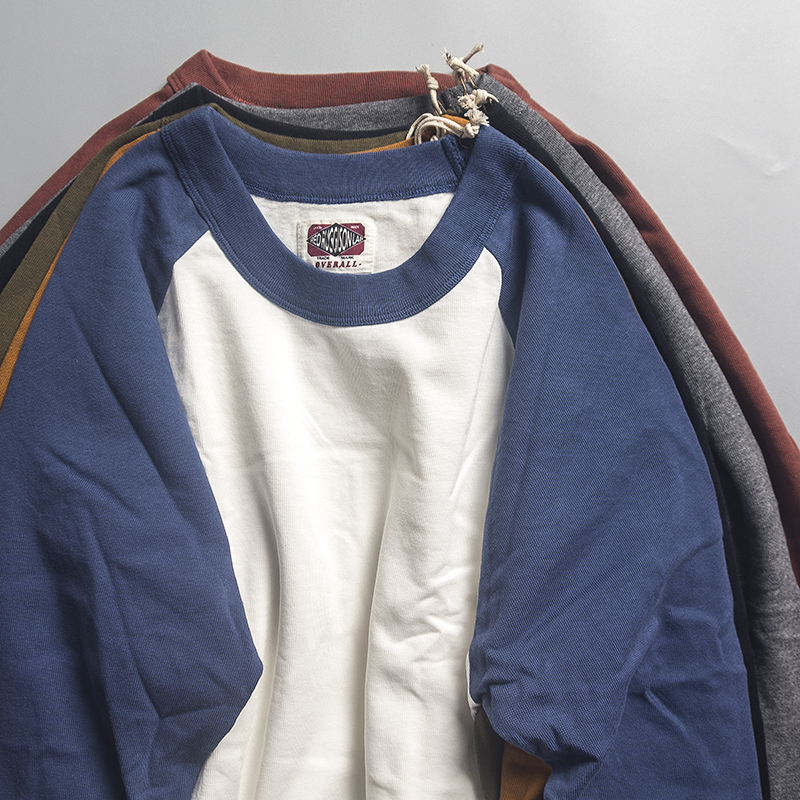 品质保证 340克重磅插肩袖T恤 日系复古基础款百搭打底衫撞色长袖