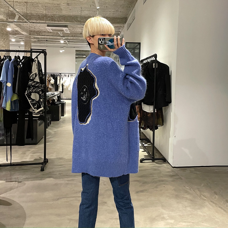 dumpty冬季新品蓝色针织开衫单件单排blank买手毛针织衫