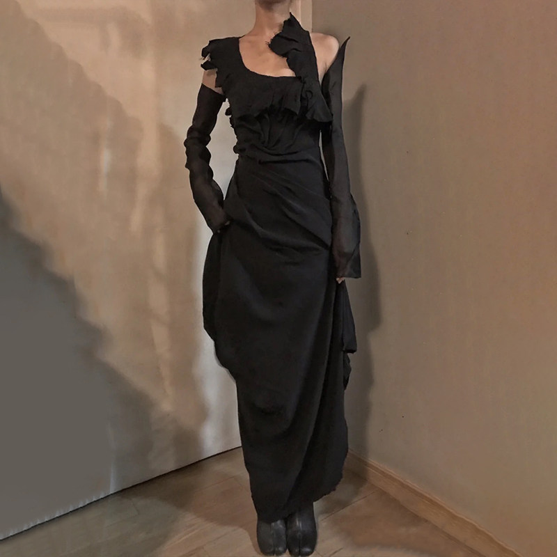 simsim新品原创设计立裁连衣裙长袖长裙高腰blank连衣裙