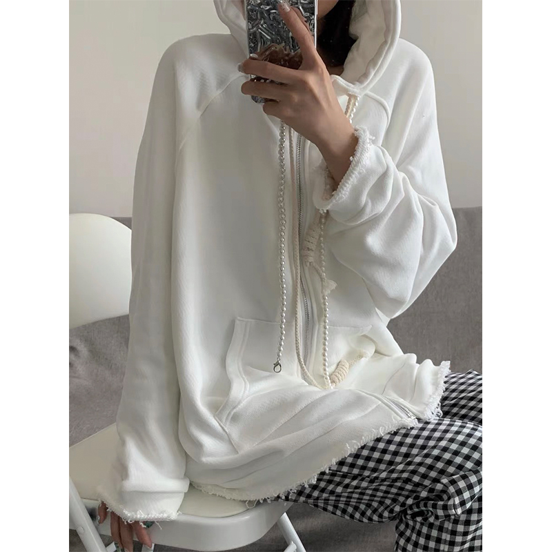 Raincome潮牌连帽开衫卫衣珍珠抽绳破坏下摆休闲白色外套男女同款