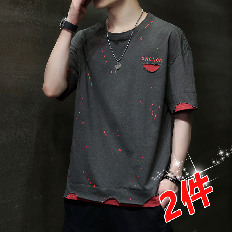 夏季2021短袖T恤男潮流百搭宽松青少年冰丝潮牌纯棉破洞半袖衣服