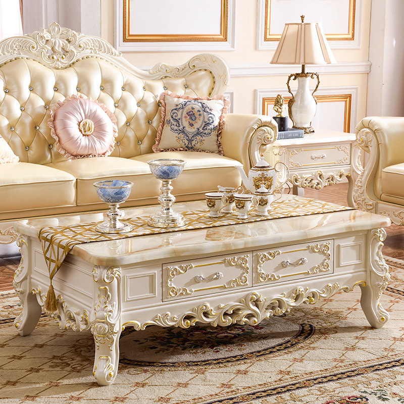 玛诗顿 欧式大理石面茶几 法式实木雕花长方几 象牙白4抽边几角几