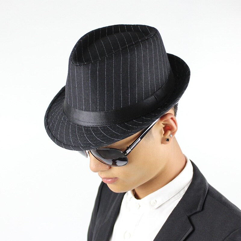 帽子春秋韩版潮小礼帽黑色条纹绅士英伦爵士舞台帽子