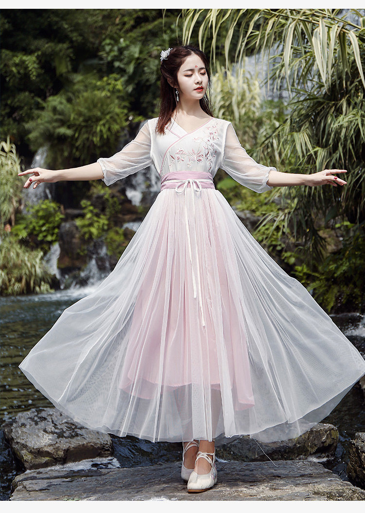 复古文艺气质仙女长裙裙子改良汉服收腰显瘦连衣裙