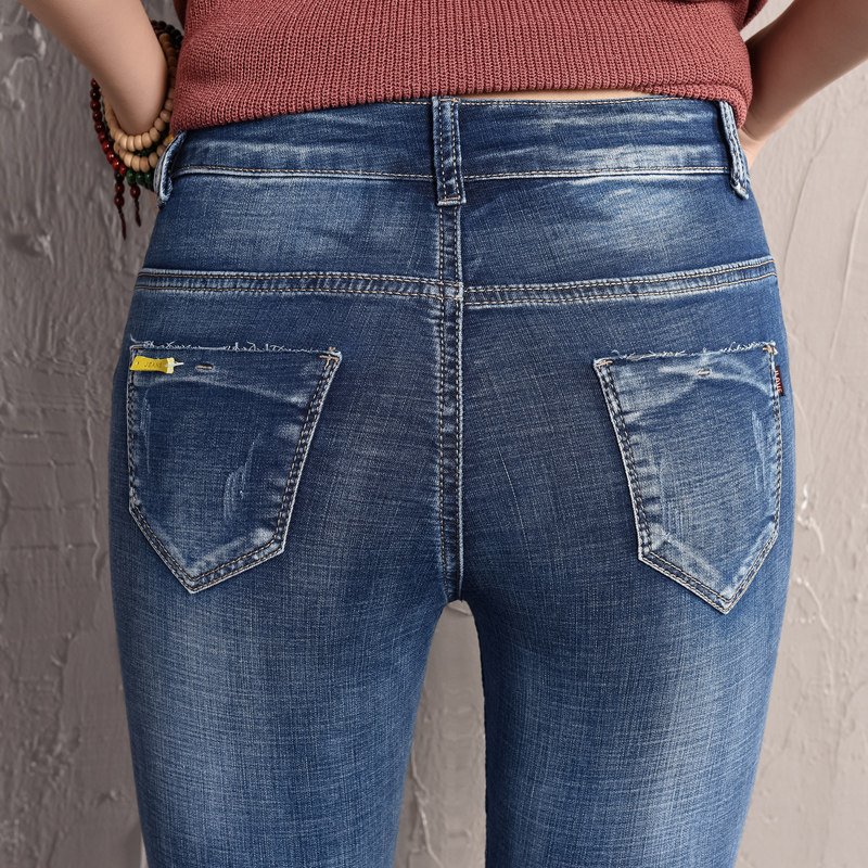 韩版七分牛仔裤女夏天7分高腰女士马裤大码修身显瘦短裤弹力宽松 - 哈