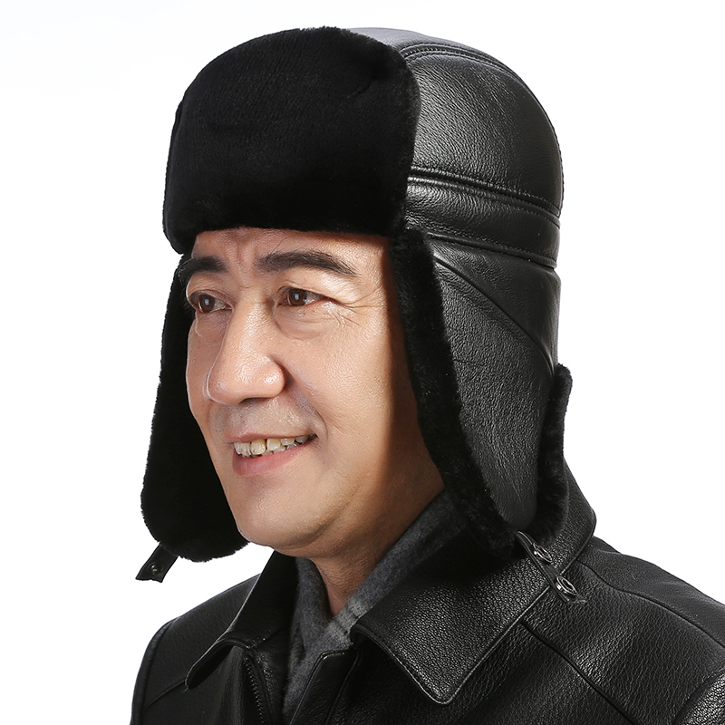 真皮雷锋帽男冬天保暖加厚东北爷爷牛皮护耳老人帽子中老年皮帽