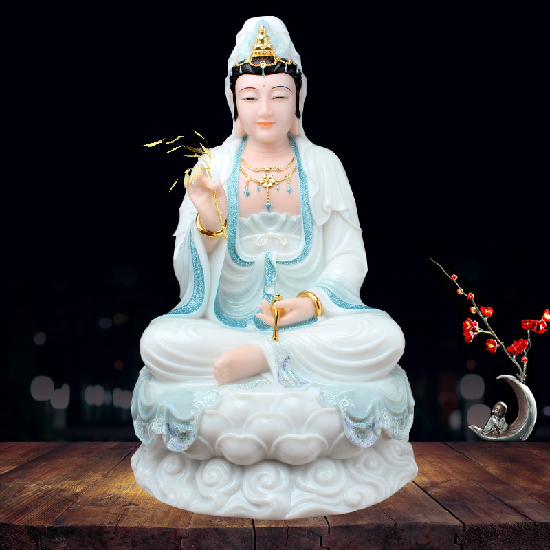 佛像汉白玉石雕金镶玉观音摆件家用观音菩萨坐莲观摆件