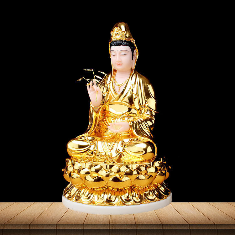 观音菩萨汉白玉贴金观世音家用南海佛像坐像供佛摆件