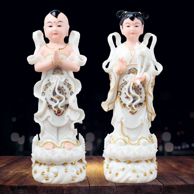 汉白玉珐琅金童玉女佛像石雕善财童子龙女童男童女一对摆件