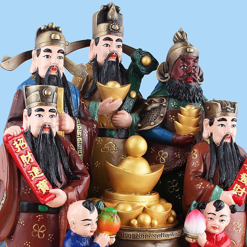 纯铜彩绘五路财神佛像聚宝盆财神爷铜像乔迁居家摆件