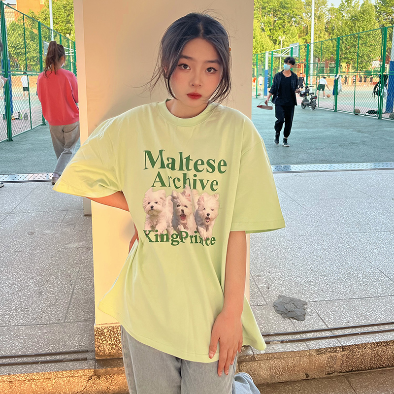 King Prince夏季新款可爱小狗印花短袖T恤男女情侣装潮牌半袖上衣