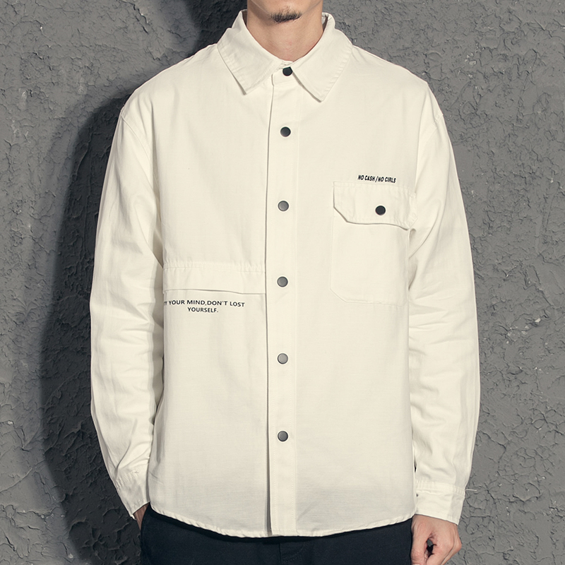 奕飏字母印花简约宽松衬衫外套男春秋2019新款秋装上衣翻领青年潮