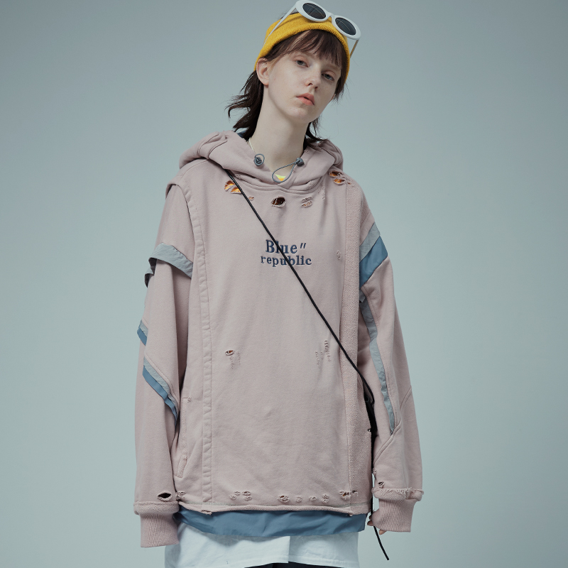 A SQUARE ROOT 厚毛圈反底拼接宽松男女帽衫双耳口袋连帽破洞卫衣