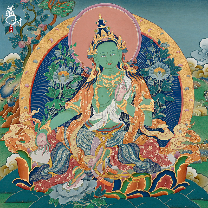 藏村唐卡手绘西藏绿度佛像难度24k镀金藏式藏族唐卡