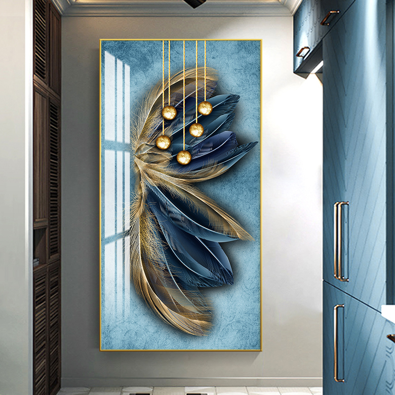 入户玄关装饰画现代简约走廊过道尽头竖版羽毛墙壁现代装饰画