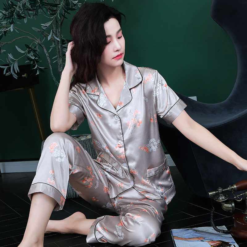 睡衣女士夏季丝绸短袖长裤家居服夏天薄款冰丝甜美可爱可外穿套装
